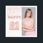 Serviette En Papier Ballons d'or rose photo de 21e anniversaire<br><div class="desc">Une serviette pour une grande fête de 21 ans.  Modèle pour votre photo. arrière - plan blanc et texte : Joyeux 21.  Le texte est écrit avec un script/texte de bulle d'or faux rose. Avec des diamants couleur or rose faux.</div>
