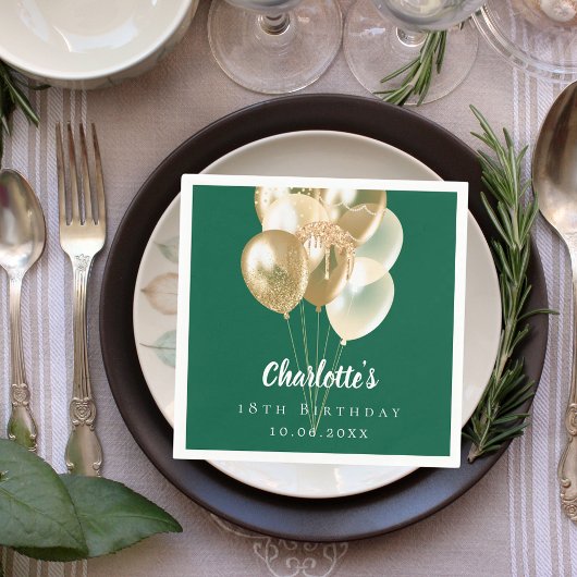 Serviette En Papier Ballons d'or vert d'anniversaire