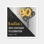 Serviette En Papier Ballons élégants Noir | Gold 90th Birthday Party (Devant)