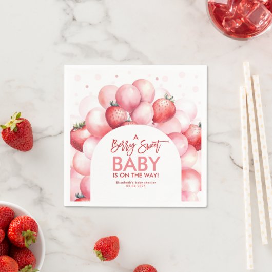 Serviette En Papier Ballons fraises Baby shower rouge et rose (En situation)