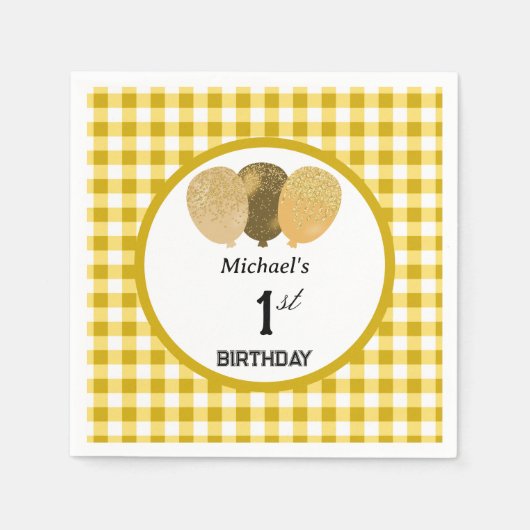Serviette En Papier Ballons & Jaune En vichy 1er anniversaire (Devant)