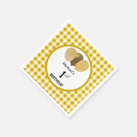 Serviette En Papier Ballons & Jaune En vichy 1er anniversaire (Coin)