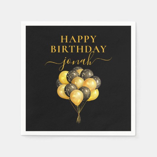 Serviette En Papier Ballons Noir Or Personnalisé Joyeux anniversaire (Devant)