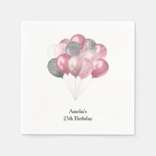 Serviette En Papier Ballons Pailletés Rose et Argent Anniversaire