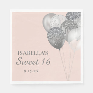 Serviette En Papier Ballons Pailletés Rose Pâle Argent Sweet 16 