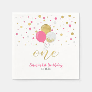 Serviette En Papier Ballons Rose Chaud Or Confettis Fille 1er Annivers