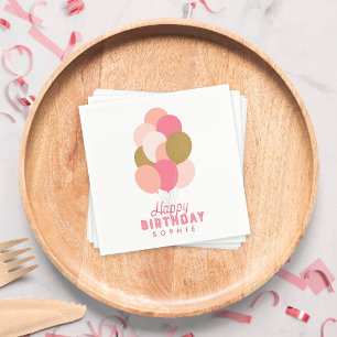 Serviette En Papier Ballons rose poudré et or faux Joyeux Anniversaire
