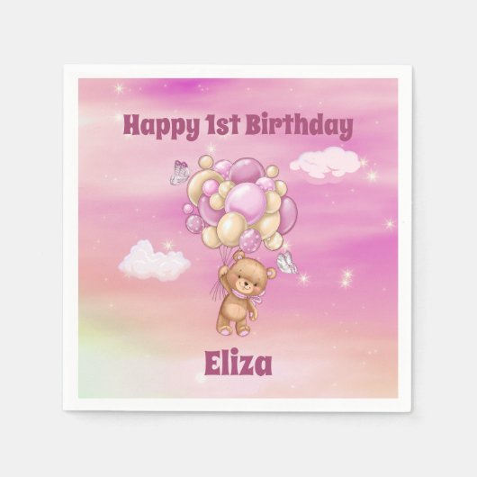 Serviette En Papier Ballons roses 1er anniversaire Ours en peluche (Devant)
