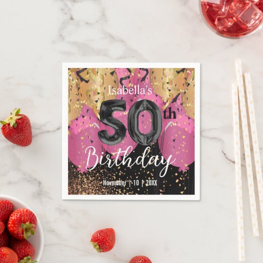 Serviette En Papier Ballons roses et Parties scintillant 50e anniversa (En situation)