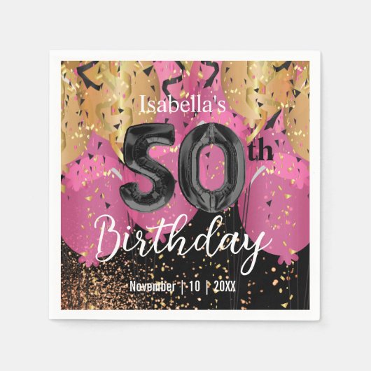 Serviette En Papier Ballons roses et Parties scintillant 50e anniversa (Devant)