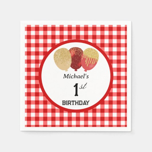 Serviette En Papier Ballons & Rouge En vichy 1er anniversaire (Devant)