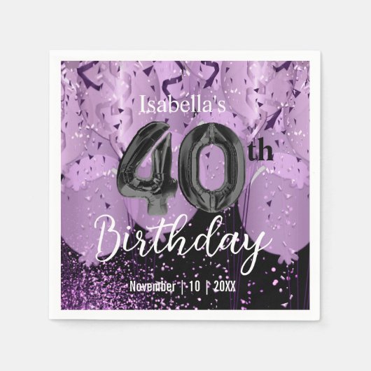 Serviette En Papier Ballons violets et Parties scintillant 40e anniver (Devant)