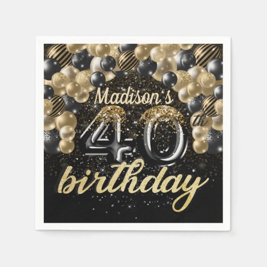Serviette En Papier Balloon en or noir personnalisé 40e anniversaire (Devant)