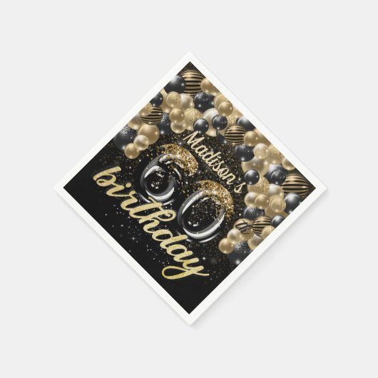 Serviette En Papier Balloon en or noir personnalisé 60e anniversaire (Coin)