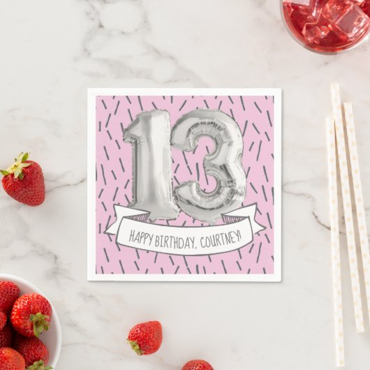 Serviette En Papier Balloon rose et gris Filles 13e anniversaire (En situation)