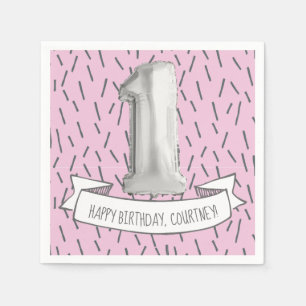 Serviette En Papier Balloon rose et gris Filles du 1er anniversaire