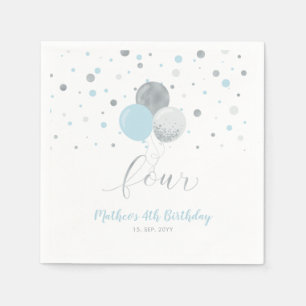 Serviette En Papier Balloons Argent & Bleu Confettis Garçon 4ème Anniv