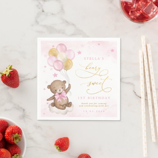 Serviette En Papier Balloons Ours Teddy Or rose Étoiles Anniversaire (En situation)