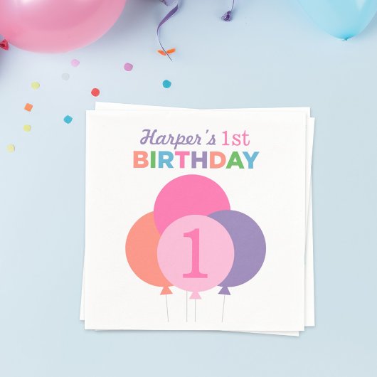Serviette En Papier Balloons rose moderne Première fête d'anniversaire