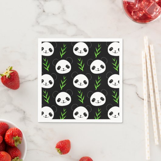 Serviette En Papier Bambou Motif Kawaii Panda En Blanc Noir (En situation)