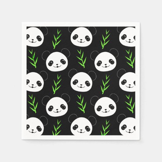 Serviette En Papier Bambou Motif Kawaii Panda En Blanc Noir (Devant)