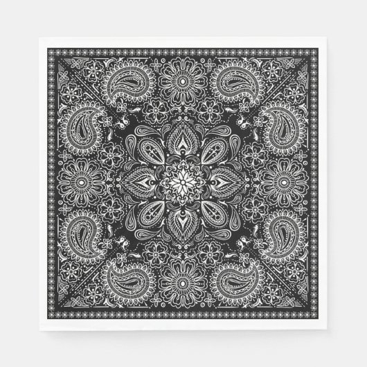 Serviette En Papier Bandana ornée noire et blanche (Devant)