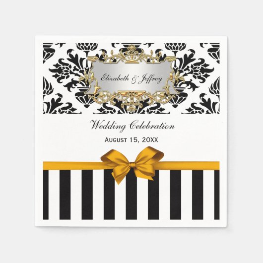 Serviette En Papier Bande noire blanc Damask Goldenrod Ruban (Devant)