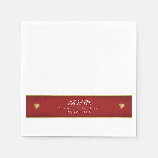 Serviette En Papier Bande rouge monogramme chic sur mariage blanc (Devant)