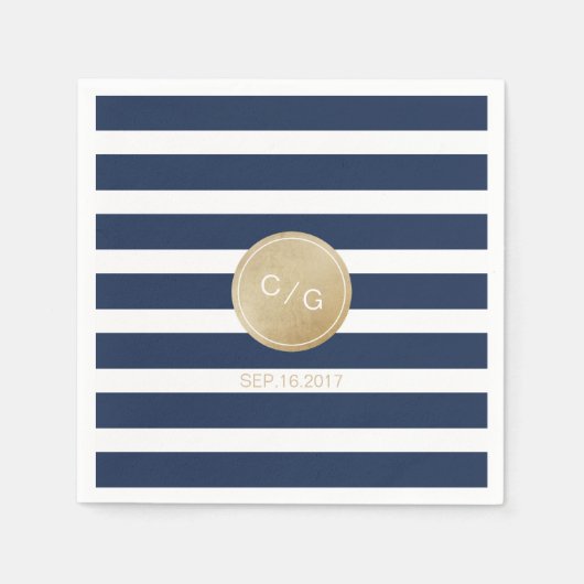 Serviette En Papier Bandes bleu marine simple mariage moderne monogram (Devant)