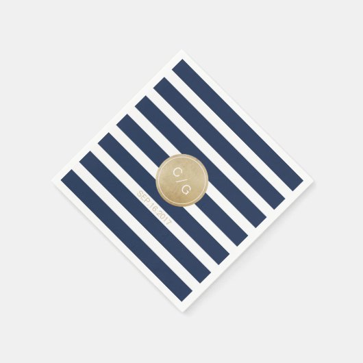 Serviette En Papier Bandes bleu marine simple mariage moderne monogram (Coin)