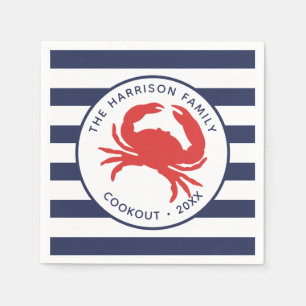 Serviette En Papier Bandes bleues de marine nautiques Crabe rouge Papi