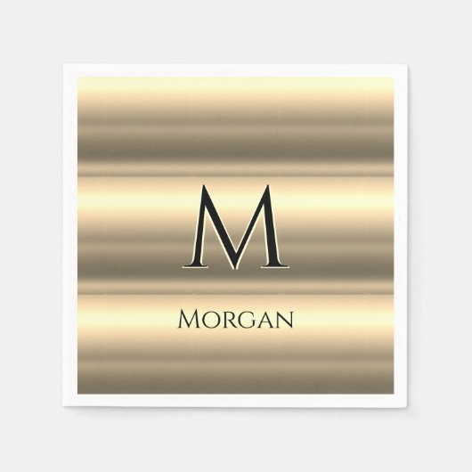 Serviette En Papier Bandes d'or, Nom noir et Monogramme (Devant)