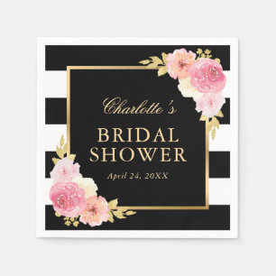 Serviette En Papier Bandes noires Aquarelle rose Fête des mariées flor