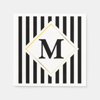 Serviette En Papier Bandes noires et blanches Monogramme or blanc