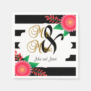 Serviette En Papier Bandes noires et blanches, Or   Mariage rose