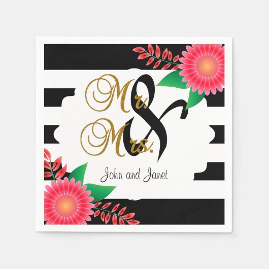 Serviette En Papier Bandes noires et blanches, Or | Mariage rose (Devant)