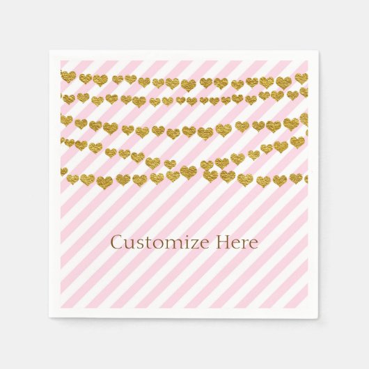 Serviette En Papier Bandes roses et blanches avec Gold Hearts Party (Devant)