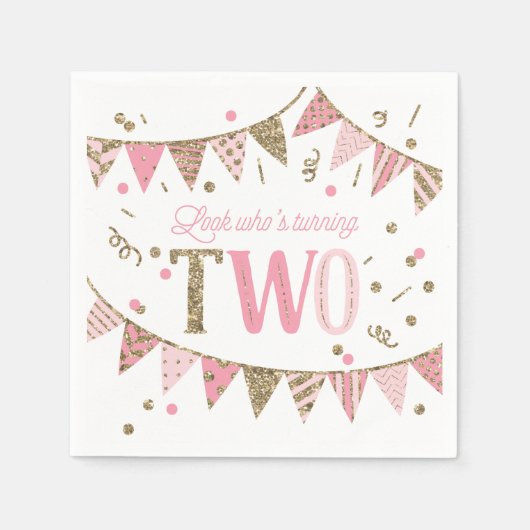 Serviette En Papier Bannières de Parties scintillant rose et or 2e ann (Devant)