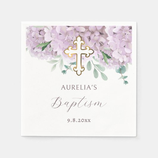 Serviette En Papier Baptême à l'hydrangea rose (Devant)