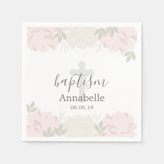 Serviette En Papier Baptême Bébé Pastel Pink Peonies (Devant)