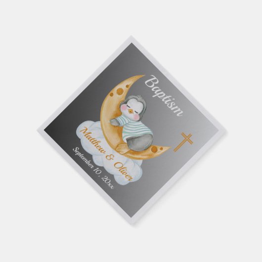 Serviette En Papier Baptême Bébé Pingouin Et Lune (Coin)