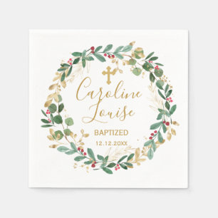 Serviette En Papier Baptême Bébé Vert Gold Foliage