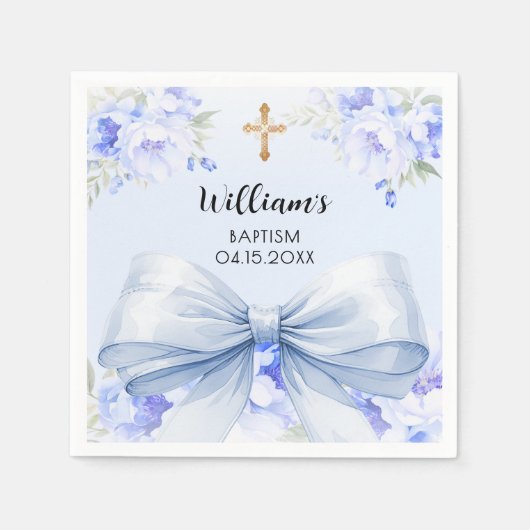 Serviette En Papier Baptême bleu arc fleurons (Devant)