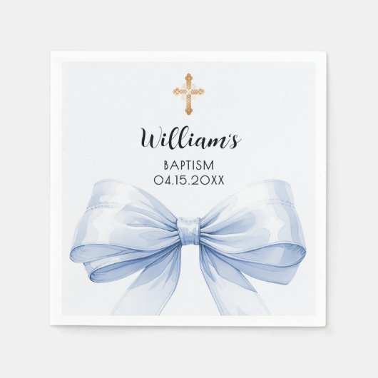 Serviette En Papier Baptême bleu arc garçon croix or (Devant)