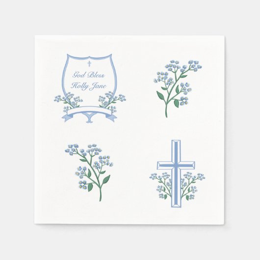 Serviette En Papier Baptême bleu clair Première communion Cimier flora (Devant)