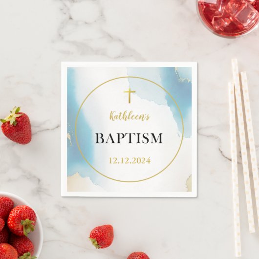 Serviette En Papier Baptême Bleu Élégant (En situation)