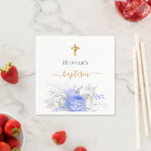 Serviette En Papier Baptême bleu floral blanc élégant nom script garço (En situation)
