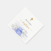 Serviette En Papier Baptême bleu floral blanc élégant nom script garço (Coin)
