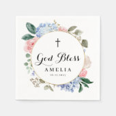 Serviette En Papier Baptême Bleu Hydrangée et Dieu Rose béni (Devant)