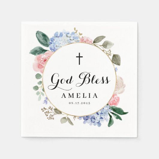 Serviette En Papier Baptême Bleu Hydrangée et Dieu Rose béni (Devant)